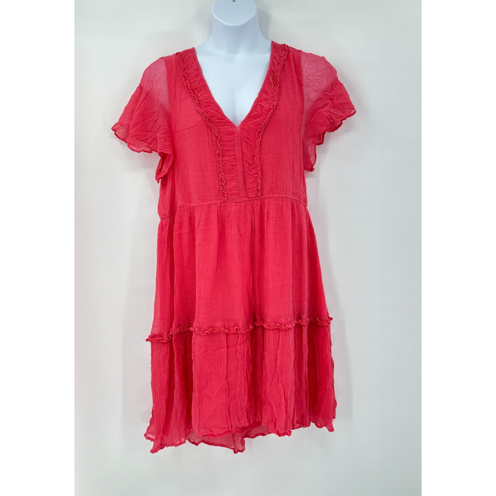 Sundance Midi Dress Xl Pink Crinkle Tiered Deep V Romantic Cottagecore Ruffles